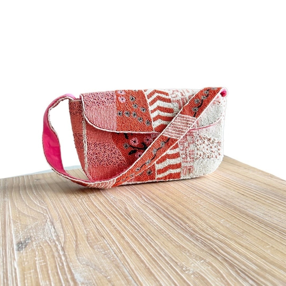 NEW America & Beyond Tigerlily Beaded Patchwork Shoulder Bag Coral Pink - Picture 1 of 9